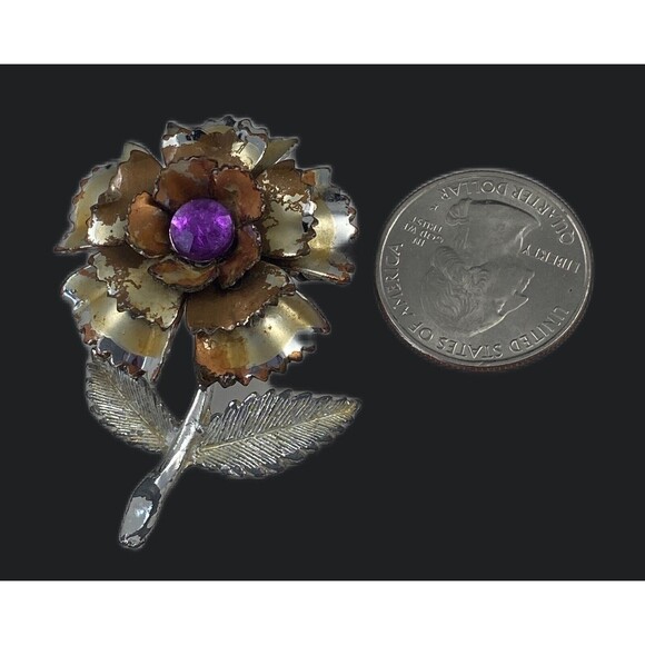 Vintage 1950 Rose Brooch Silver Tone Simulated Garnet for Repair or Restoration - Picture 9 of 11